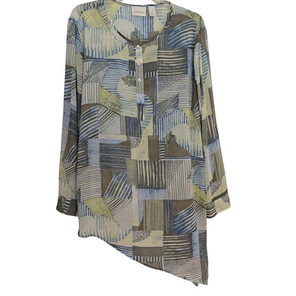 Chico's Asymmetrical Hem Popover Top Size XL / 3 Semi Sheer Roll Tab Sleeves - Picture 2 of 10